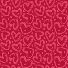 Brush strokes hearts and spots on a red background. Seamless vector pattern in Valentine's Day theme. - 300381918