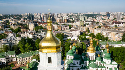 Fototapeta na wymiar Aerial view of Sofievskaya Square and St. Sophia Cathedral in Kiev, Ukraine. Tourist Sight. Ukrainian baroque