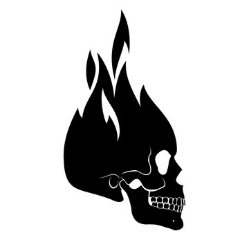 Human Skull in Fire. Demon, Fairy Tale Character. Esoteric. Monochrome Drawing Isolated on White. Sport Team Emblem, Design Elements and Labels, Wild West