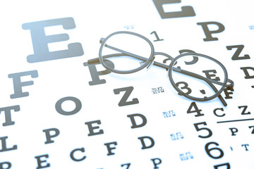 Black glasses on the eye chart with concept of vision protection