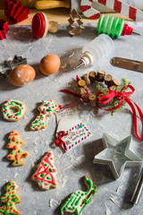 Fototapeta na wymiar Baking Christmas cookies. Holiday background.