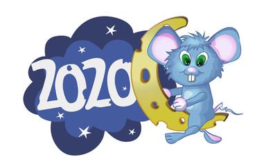 Cute cartoon mouse sitting on a piece of cheese. Vector illustration with simple gradients.