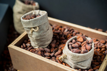 Dried coco beans in the vintage sacks close up.  Processed in vintage color tone.