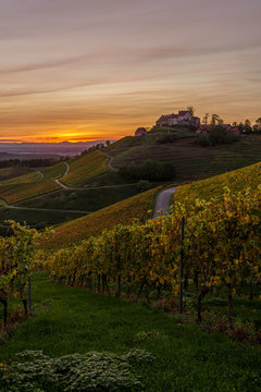 Castle Staufenberg in Durbach Germany in the BlackForest Mountains with a vineyard and an old chapel during sunset at golden hour	