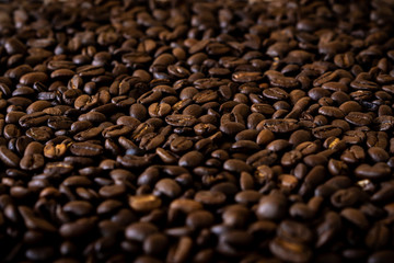 Medium roasted organic coffee beans close up. Coffee beans background.
