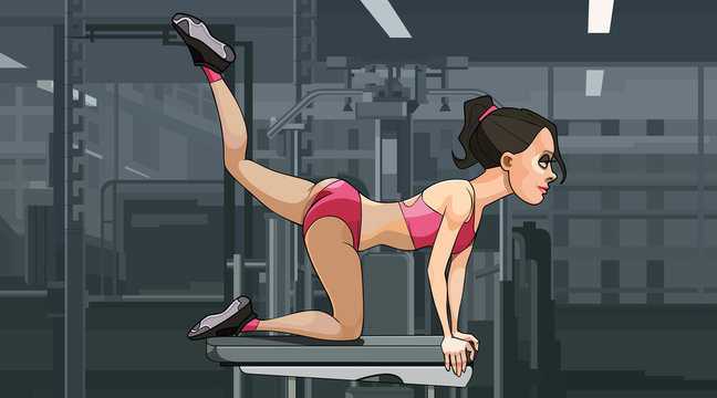 cartoon woman doing exercise raised her leg back while being in the gym