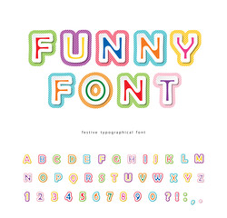 Funny 3d bright font. Modern cartoon ABC letters and numbers. Colorful alphabet for kids. For school, education, comic design. Vector