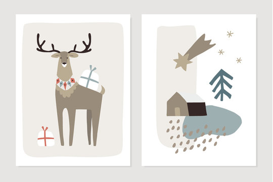 Set of Christmas Scandinavian greeting cards, invitations. Abstract winter textured landscape with house, falling star and reindeer with gift boxes. Nordic retro design. Vector illustration background