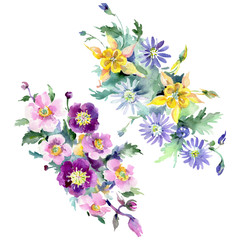 Bouquet floral botanical flowers. Watercolor background illustration set. Isolated bouquets illustration element. - 300385731