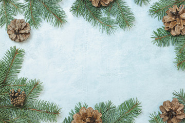 Christmas border made of fir branches, festive red decoration