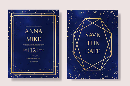 Wedding Invitation Universe Set In Navy Blue With Gold Diamond Frame And Stars, Thank You, Save The Date Card Design, Night Sky With Stars, Space Elegant Rustic Baskground, Vector.