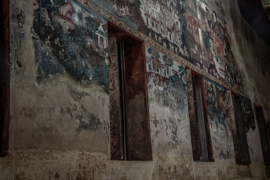 The Gorgeous Painting Wall of Wat Kongkharam Rajavaravihara Temple (Photharam). Tell the story of Buddhism.