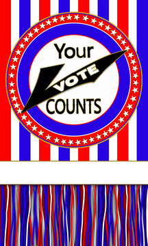 USA Campaign reminder for people to vote in elections.  Large red, white and blue Emblem with large checkmark.  Stripes and Stars