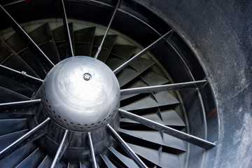 Close-up of a turbofan jet engine in modern airplane.