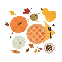 Autumn mood. Set of season attributes: pumpkins, pie, cocoa, and leaves. Decorative design elements isolated on white.