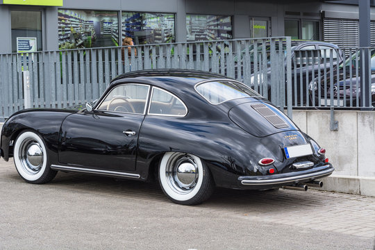 VELBERT, NRW, GERMANY - APRIL 06, 2016: Black Vintage Porsche 1600 With Whitewall Tires On A Car Park In Velbert City Center, Germany.