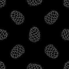 Seamless forest background with pine cones line white on black