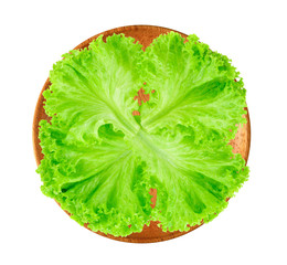Fototapeta na wymiar lettuce on a wooden plate on white background. Top view