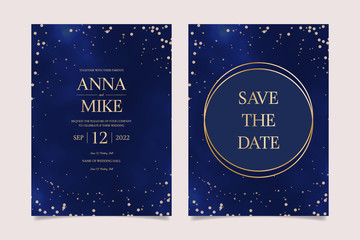 Wedding Invitation universe set in navy blue with gold frame and stars, thank you, save the date card design, night sky with stars, space elegant rustic baskground, vector.