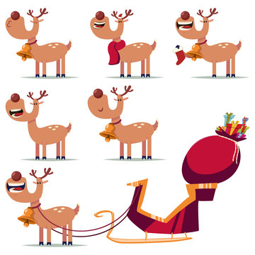 Cute Christmas reindeer vector cartoon characters set isolated on a white background.