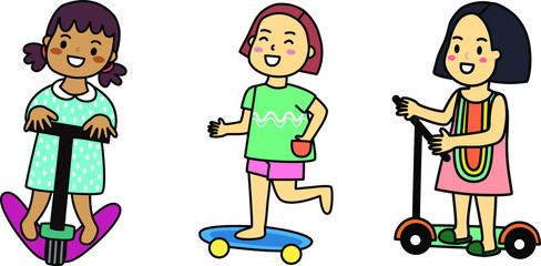 vector of group of kids are playing speed play tool mobile, scooter and skateboard