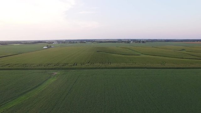 Wide aerial, Illinois countryside at sunset