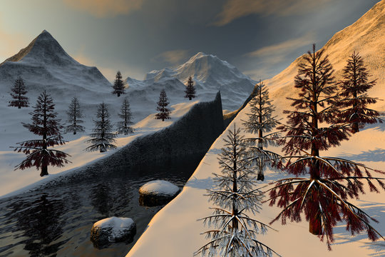 Coniferous trees next to the river, snowy mountains and clouds in the sky.