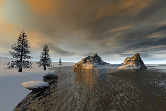 Island in the lake, a snowy landscape, coniferous trees and stones and a cloudy sky.