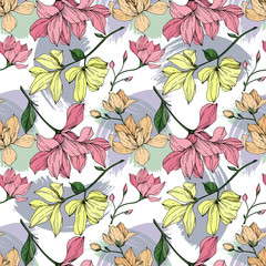 Vector Magnolia floral botanical flowers. Black and white engraved ink art. Seamless background pattern.