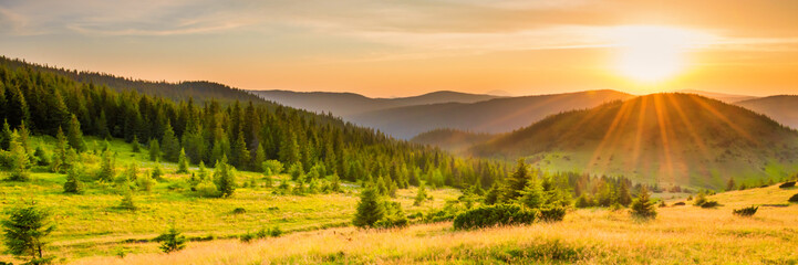 Panorama of sunset in the mountains with forest, green grass and big shining sun on dramatic sky