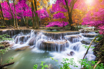 Amazing in nature, beautiful waterfall at colorful autumn forest in fall season