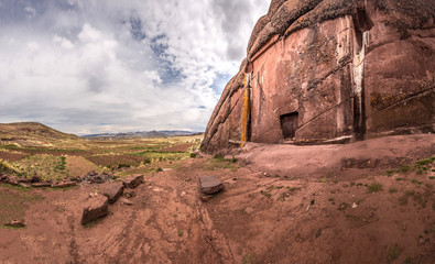 Panoramic view of the exterior of Amaru Muru or Gate of the Gods in Puno, Peru