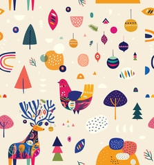Seamless Christmas pattern with amazing deer and colorful bird