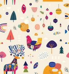 Fotobehang Naadloos kerstpatroon met geweldige herten en kleurrijke vogels © moleskostudio