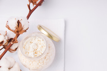 Cottage cheese. Dairy products on a white background. Fermented foods. White
