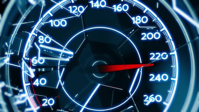 Speedometer glass shattering in slow motion, moment of car crash, time freezes. Car accident caused by speeding