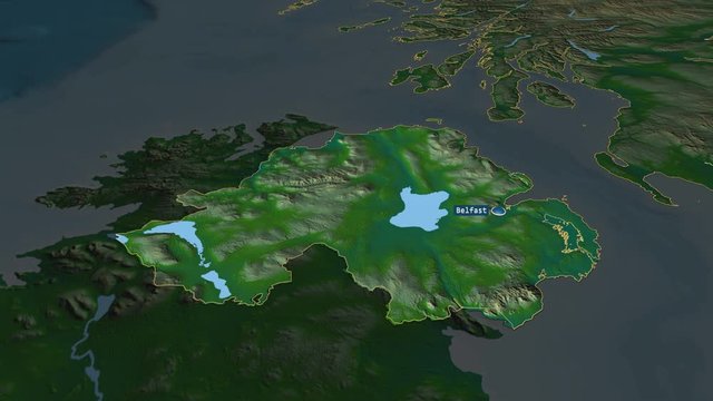 Northern Ireland - region of United Kingdom with its capital zoomed on the physical map of the globe. Animation 3D