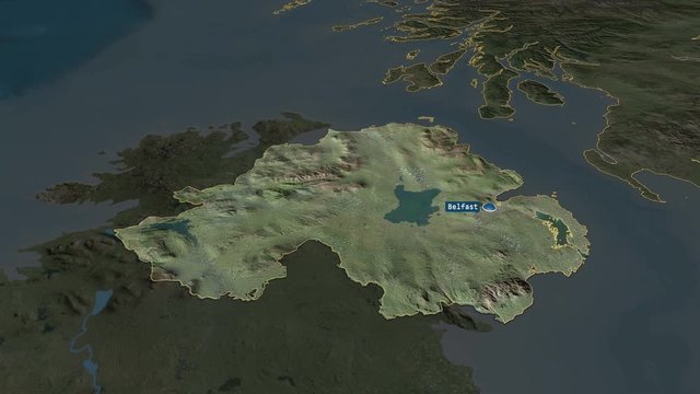 Northern Ireland - region of United Kingdom with its capital zoomed on the satellite map of the globe. Animation 3D