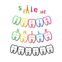 set of smile teeth symbols with braces and smile word on them, isolated on a white background square vector illustration