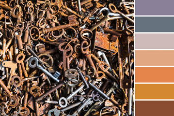 Color matching palette from close-up flat lay background image of old rusty keys