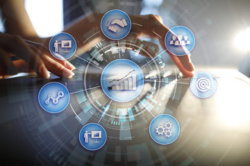 Business process and strategy concept on virtual screen background. Innovation and solutions for financial growth.