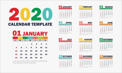 2020 new year calendar page color blue, green, orange, yellow gradient colorful diary desktop. Week Start Sunday. Business day and month planner template. Vector mock up illustration