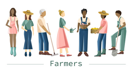 Set of farmer people with different occupations and outfit. Shovel, rake, carrying peppers. Isolated background. Agriculture idea vector