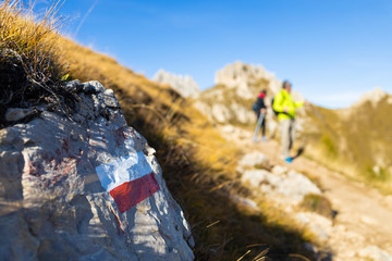 Trekking direction indicators in focus in the foreground. The background of the mountains is...
