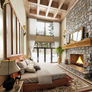 Luxurious cabin interior bedroom design with rustic accents and a roaring stone fireplace with winter scenic background. Photo realistic 3d model scene.  3d rendering