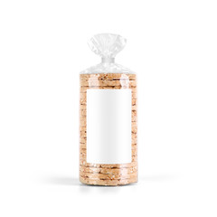 Puffed whole grain Crispbread stack in transparent plastic bag with label isolated on white background. Packaging template mockup collection. Stand-up Front view package.