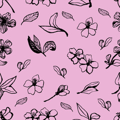 Cute hand drawn sakura seamless pattern. Traditional japanese or chinese spring flowers in ink style. Doodle cherry plant.