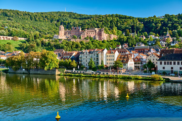 Heidelberg town with old Karl Theodor bridge and castle on Neckar river in Baden-Wurttemberg,...