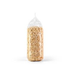 Oat flakes in transparent plastic bag isolated on white background. Packaging template mockup collection. Stand-up Side view package.
