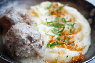 meat balls in sauce with mashed potatoes, French fries and herbs